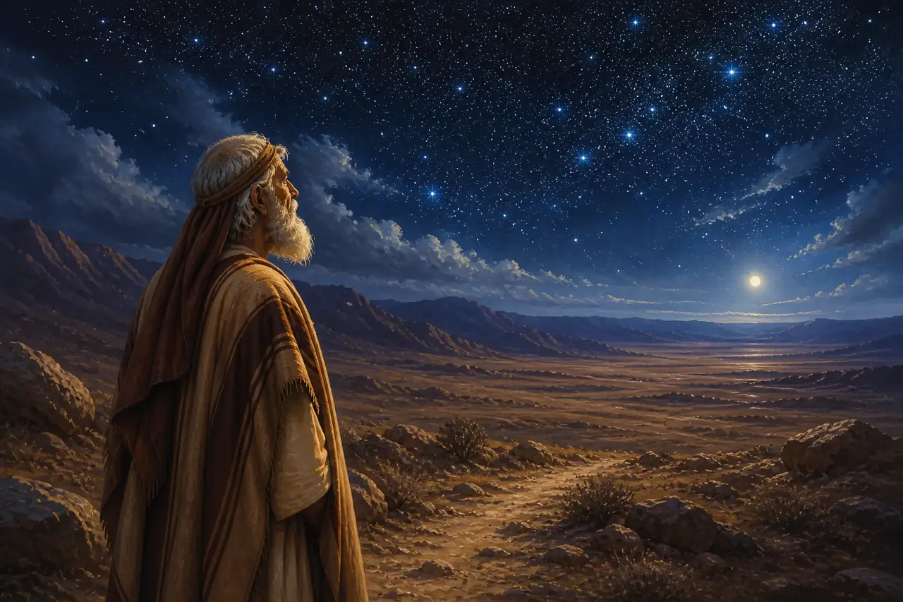 Abraão no deserto, crendo na promessa de Deus sob as estrelas
