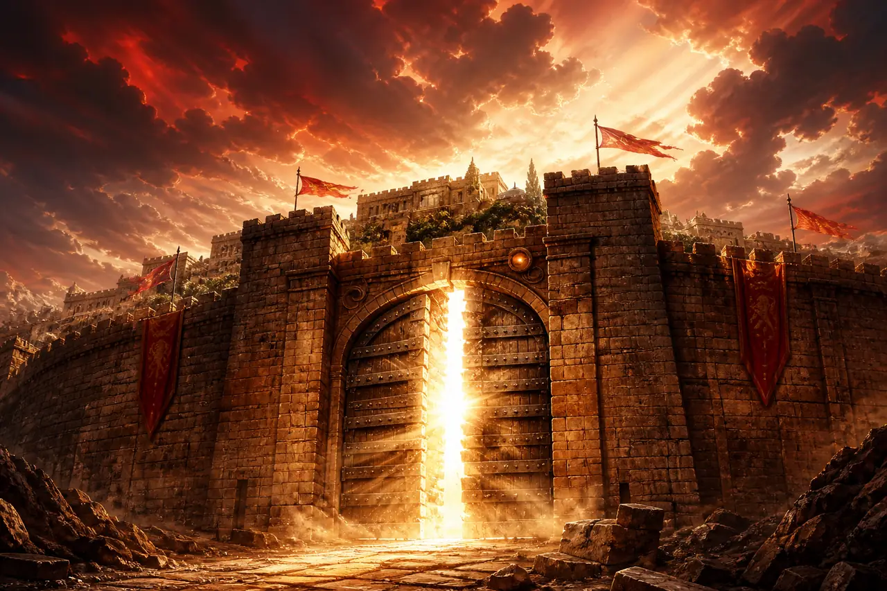 Porta de bronze se abrindo pela luz e poder da Voz de Deus — Isaías 45:2