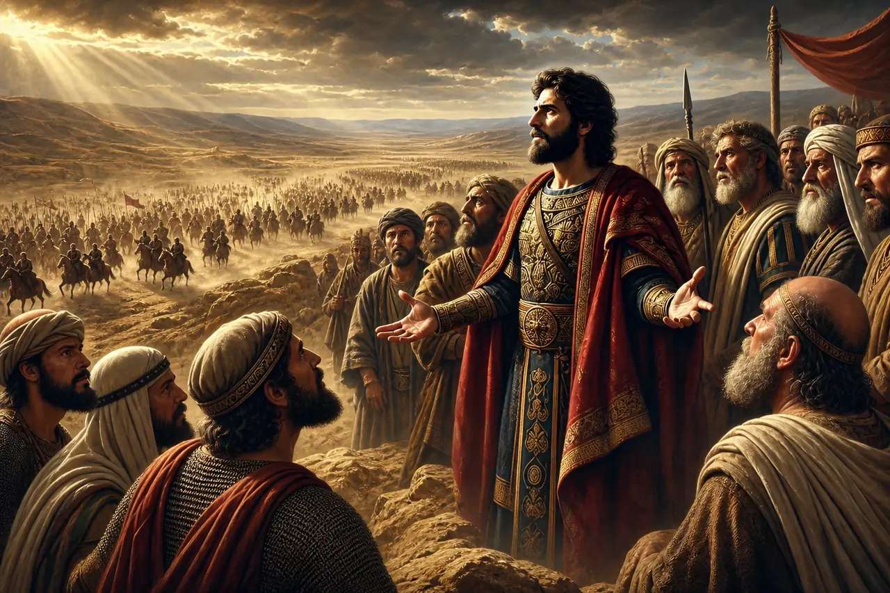 Rei Josafá diante do povo, entregando a batalha a Deus — 2 Crônicas 20