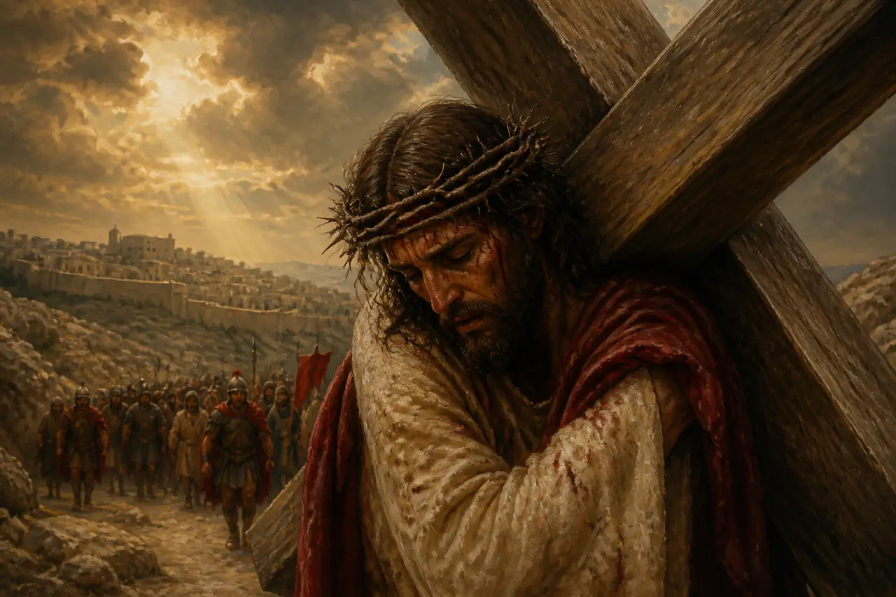 Jesus carregando a cruz a caminho do Calvário