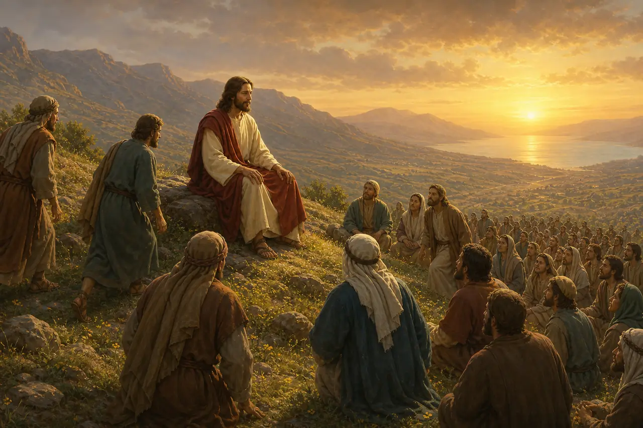 Jesus subindo ao monte e assentando-se para ensinar os discípulos